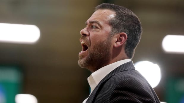 Manhattan basketball coach Steve Masiello yells at a referee during a MAAC basketball game.